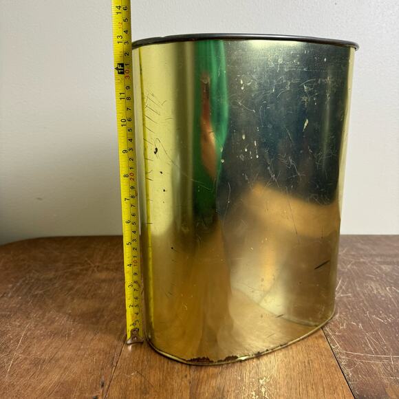 Vintage MCM Harvell Gold Oval Metal Trash Can 13"‎ Embossed Crosses Waste Basket - Picture 8 of 10